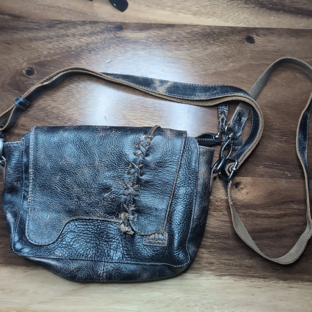 Bed Stu Distressed Black Leather Crossbody Bag Whipstitch Flap Messenger